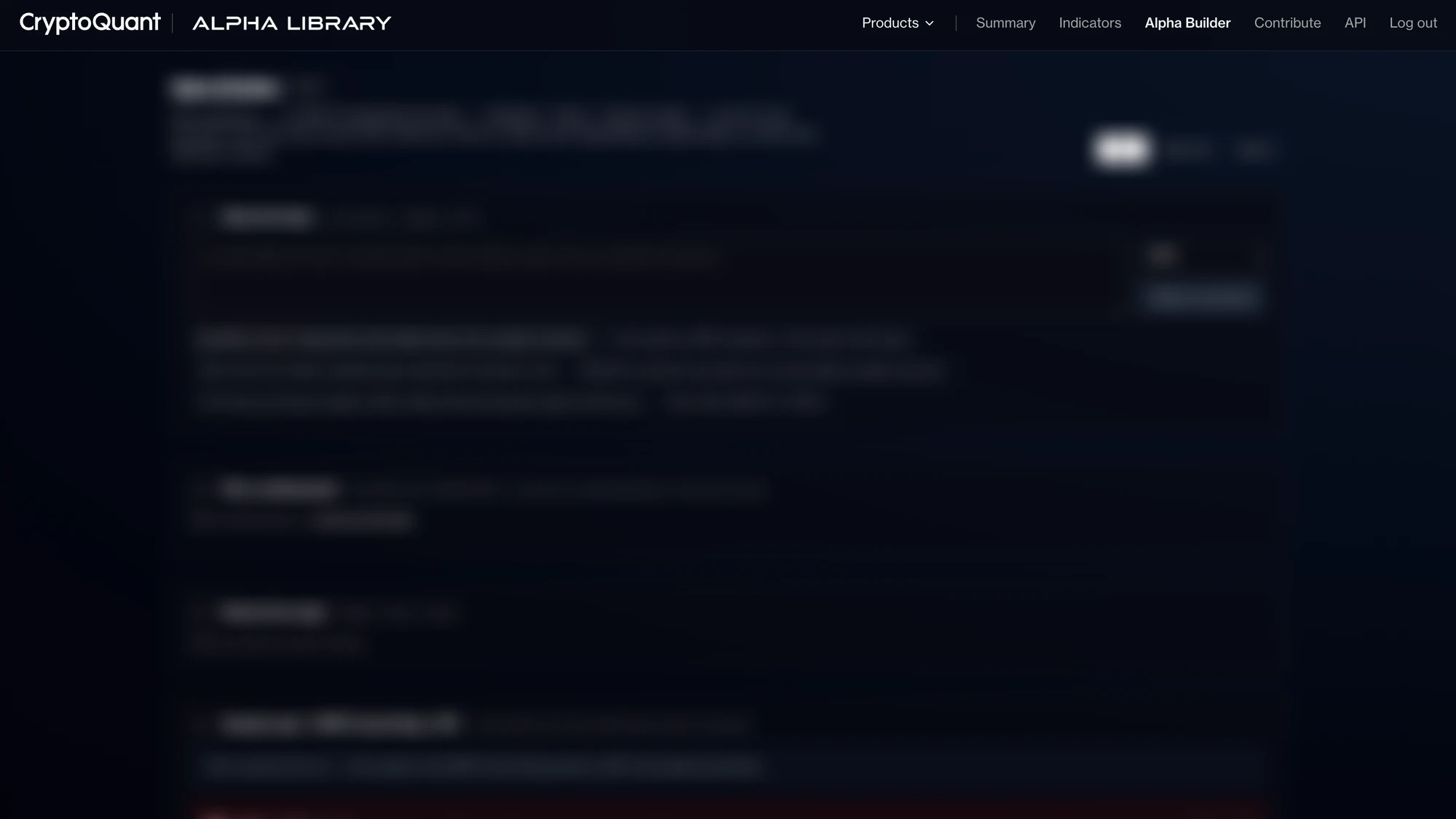 Alpha Builder — CryptoQuant Alpha Library page with the builder workflow blurred ahead of launch